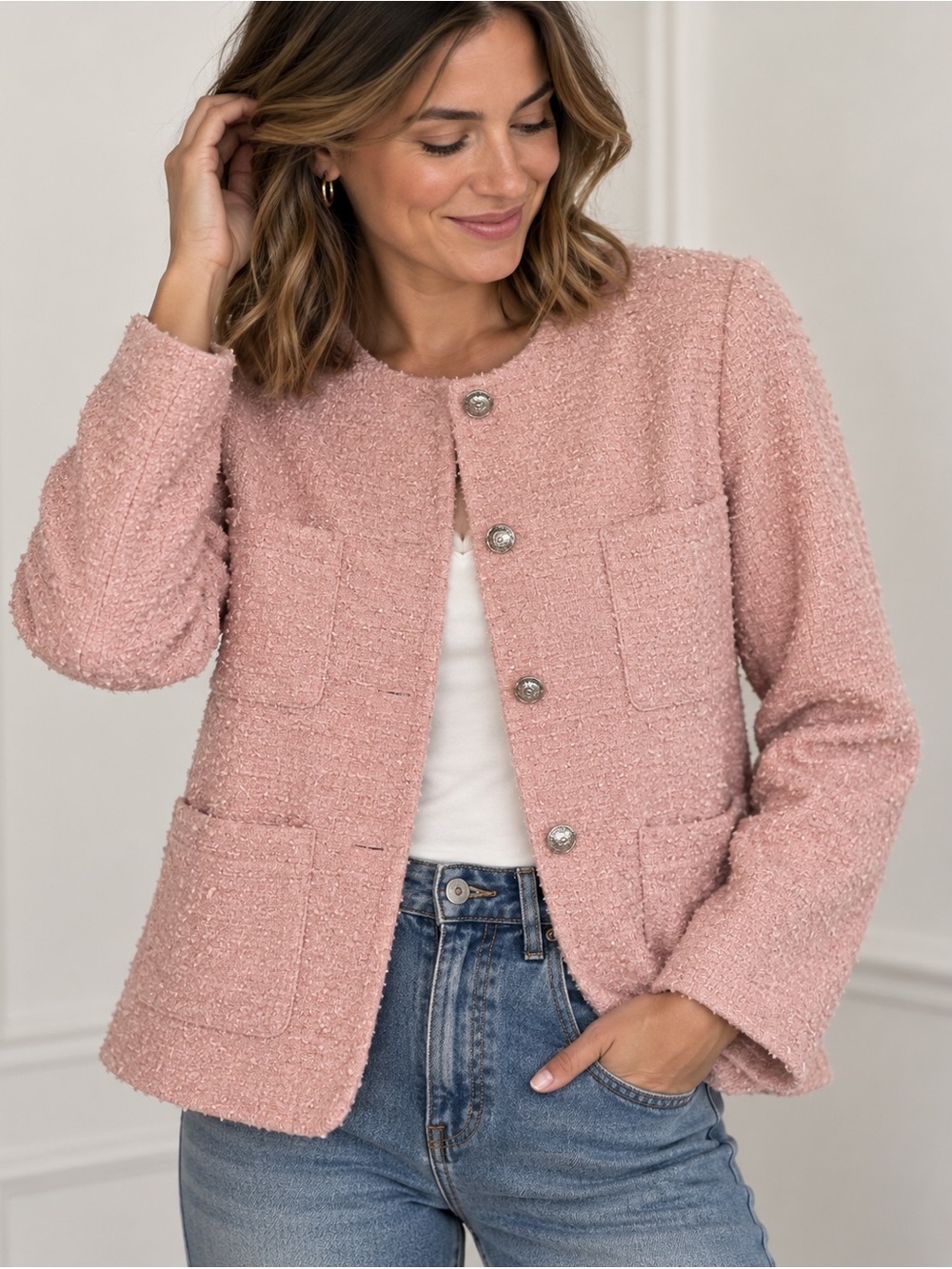 H&M Pink Bouclé Tweed Lady Jacket Blazer NWT L